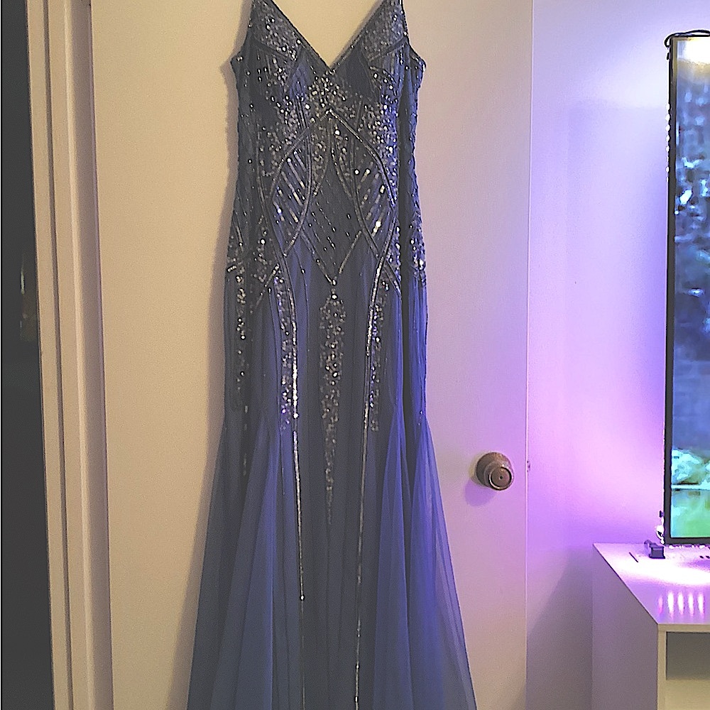 Elegant Blue Sequin Gown with Padded Bra from Neiman Marcus